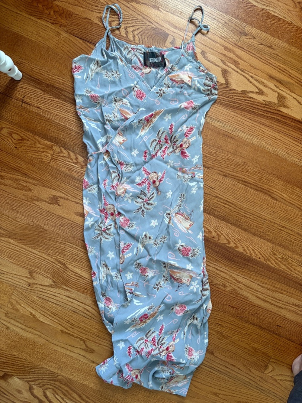 Reformation Blue Tropical Print Wrap Midi Dress Silk Feel Slip Dress Boho Resort - Picture 11 of 11